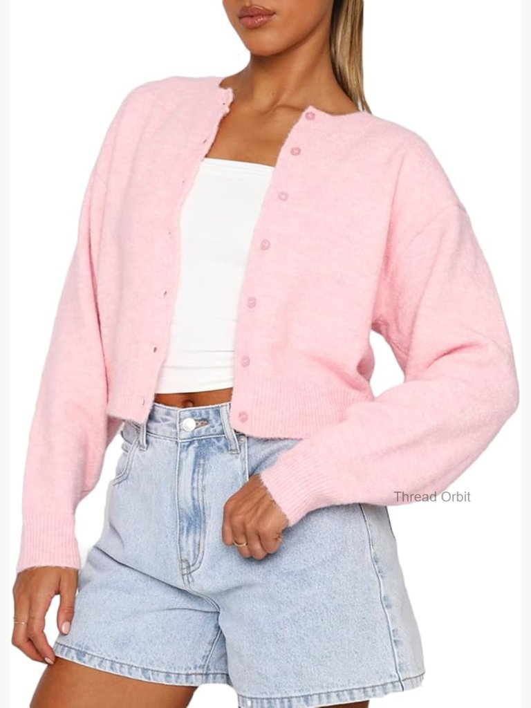 Crew Neck Button Down Long Sleeve Cropped Cardigan Knitted Sweater Lightweight